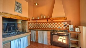 Eine Küche mit Kamin aus Ziegelsteinen, einem Herd und einer karierten Spritzschutzwand.