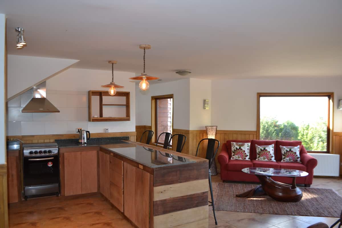 Una cocina con armarios de madera, una isla integrada y un sofá rojo en una sala de estar con un ventanal grande.