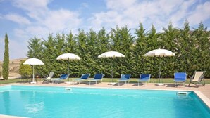 A swimming pool with lounge chairs and umbrellas, surrounded by greenery. - Villa Cassia (Pienza)