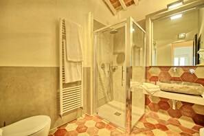 A bathroom with a glass-enclosed shower, a toilet, and a sink with a stone basin.