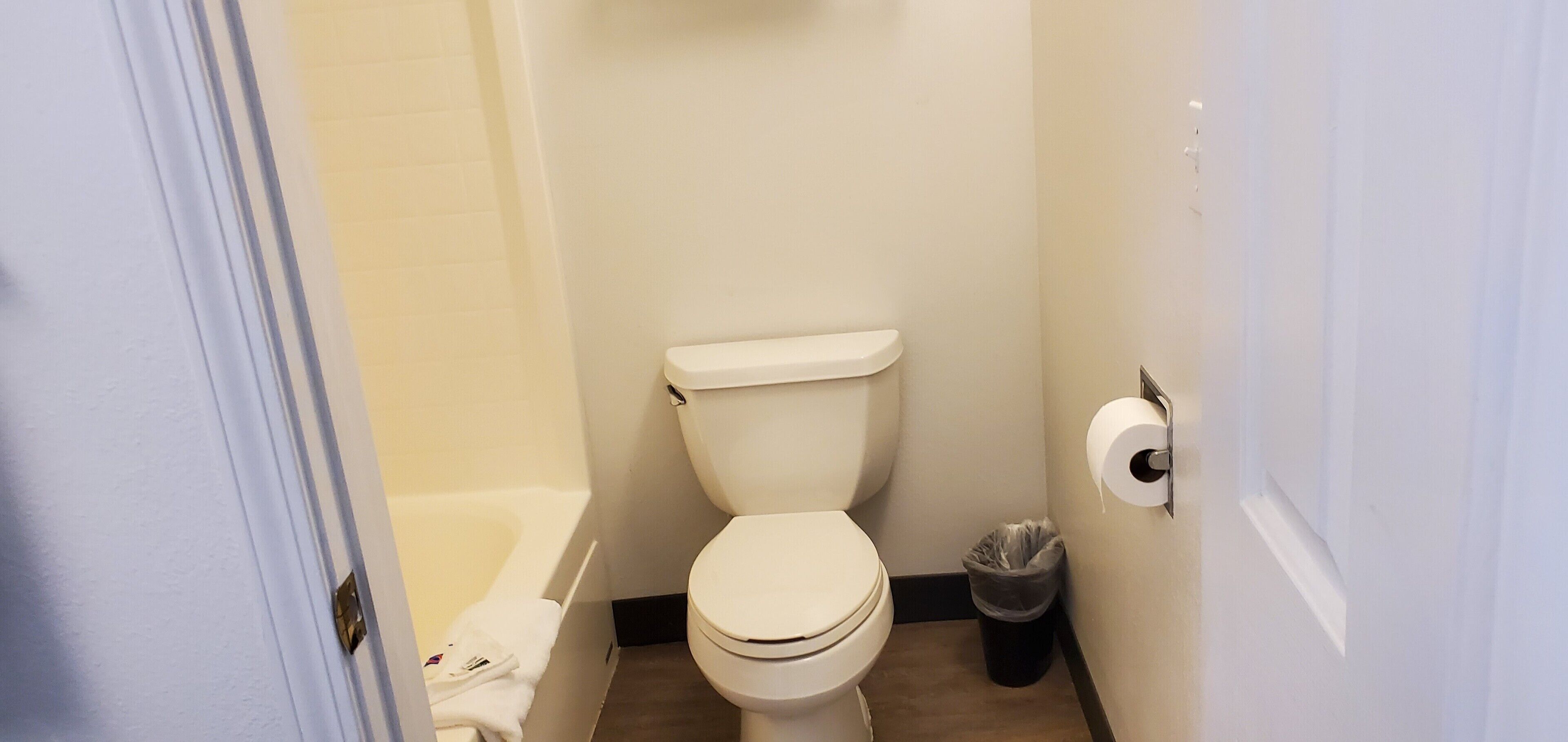 Ein kleines, sauberes Badezimmer mit Toilette, Mülleimer und einer Toilettenpapierrolle an der Wand.