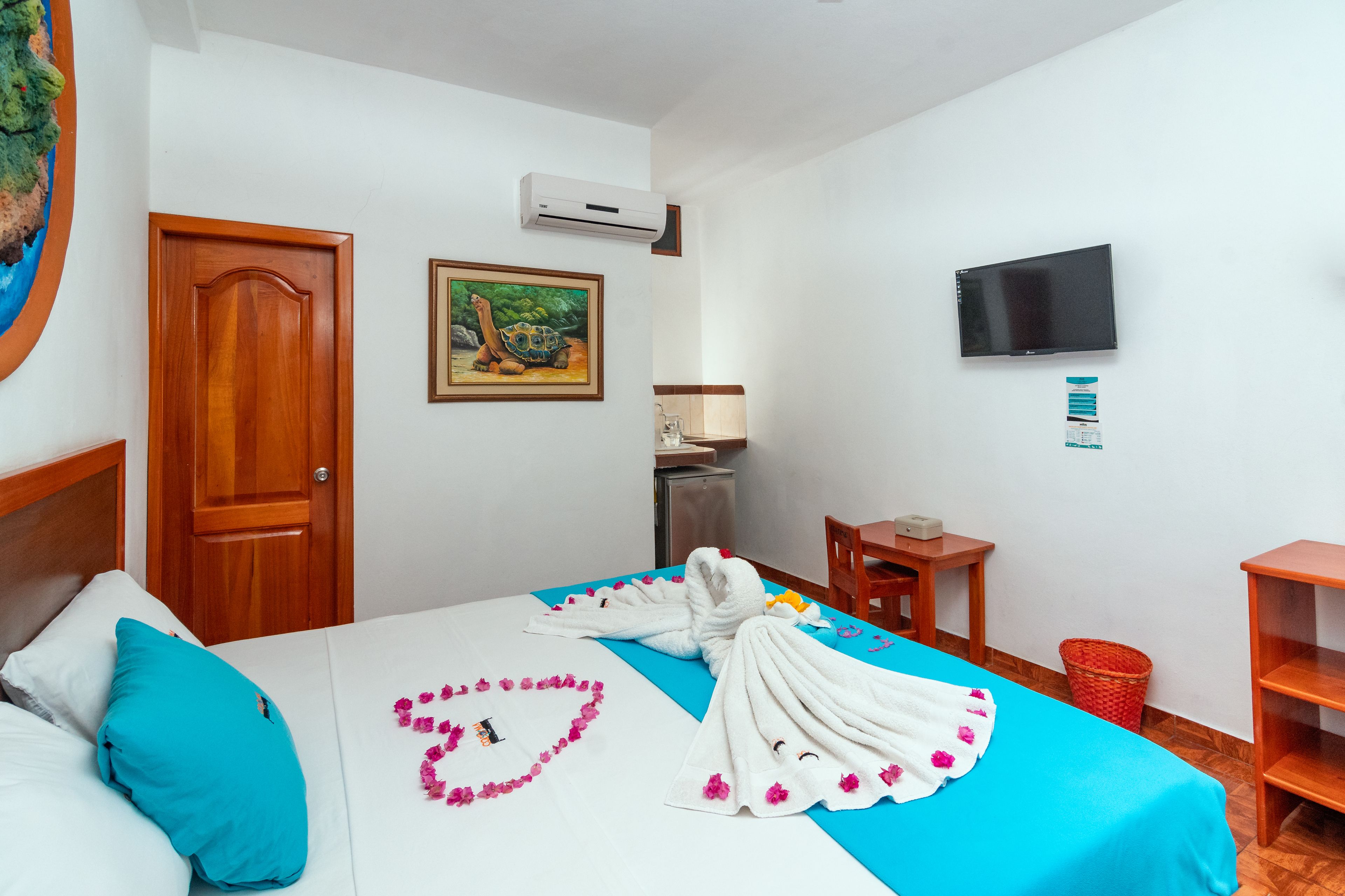 Una camera d'albergo con un letto, una porta in legno, un quadro, un condizionatore d'aria, una TV e un comodino con una lampada.