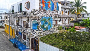 A building with a unique mosaic design, a sign for 'Hostal', and a palm tree in the background. - Hotel Coloma Galapagos (Puerto Ayora)