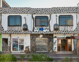 A building with a giraffe-patterned facade, a sign reading "Coloma," and a sign for "The nature made lodge."