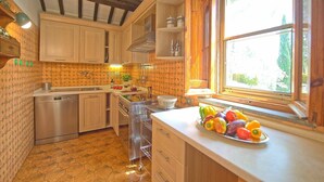 A kitchen with wooden cabinets, a dishwasher, and a fruit bowl on the counter. - Uccellaia (Magione)