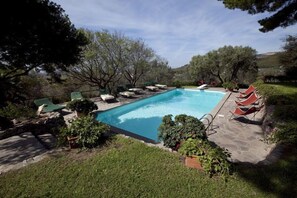 Una piscina rettangolare con bordo in pietra, circondata da vegetazione e alberi.