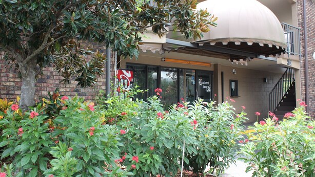 A building with a large, rounded, white structure on the second floor, possibly a water feature or a covered area. There is a brick wall and a tree with green leaves in the foreground. - Lambert Inn (Kissimmee)
