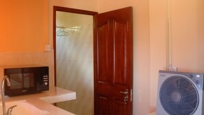 A bathroom with a sink, a microwave, a wooden door, and a standing fan. - Reve des Iles (Rodrigues Island)