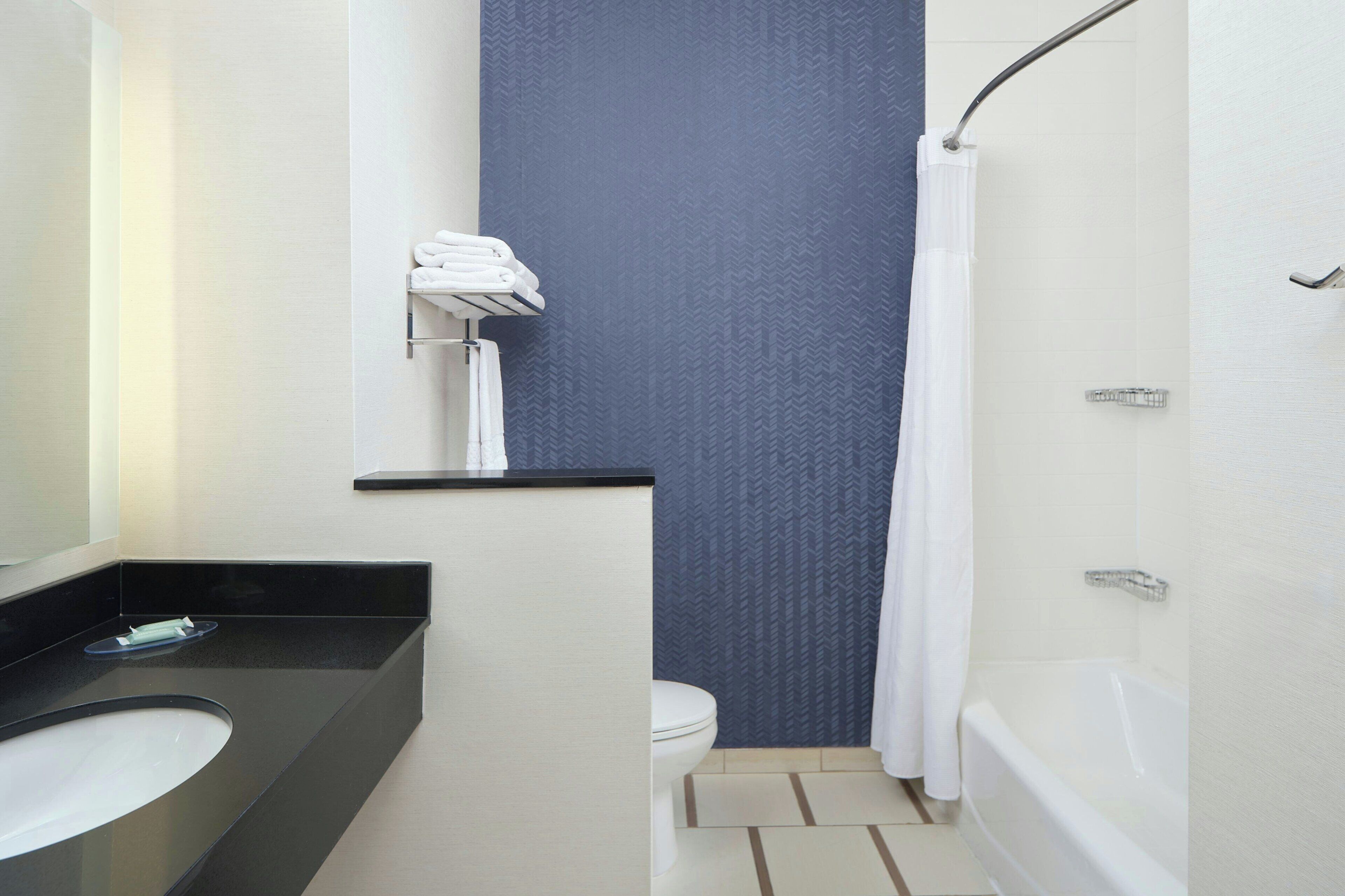 combined shower/bathtub, free toiletries, hair dryer, towels