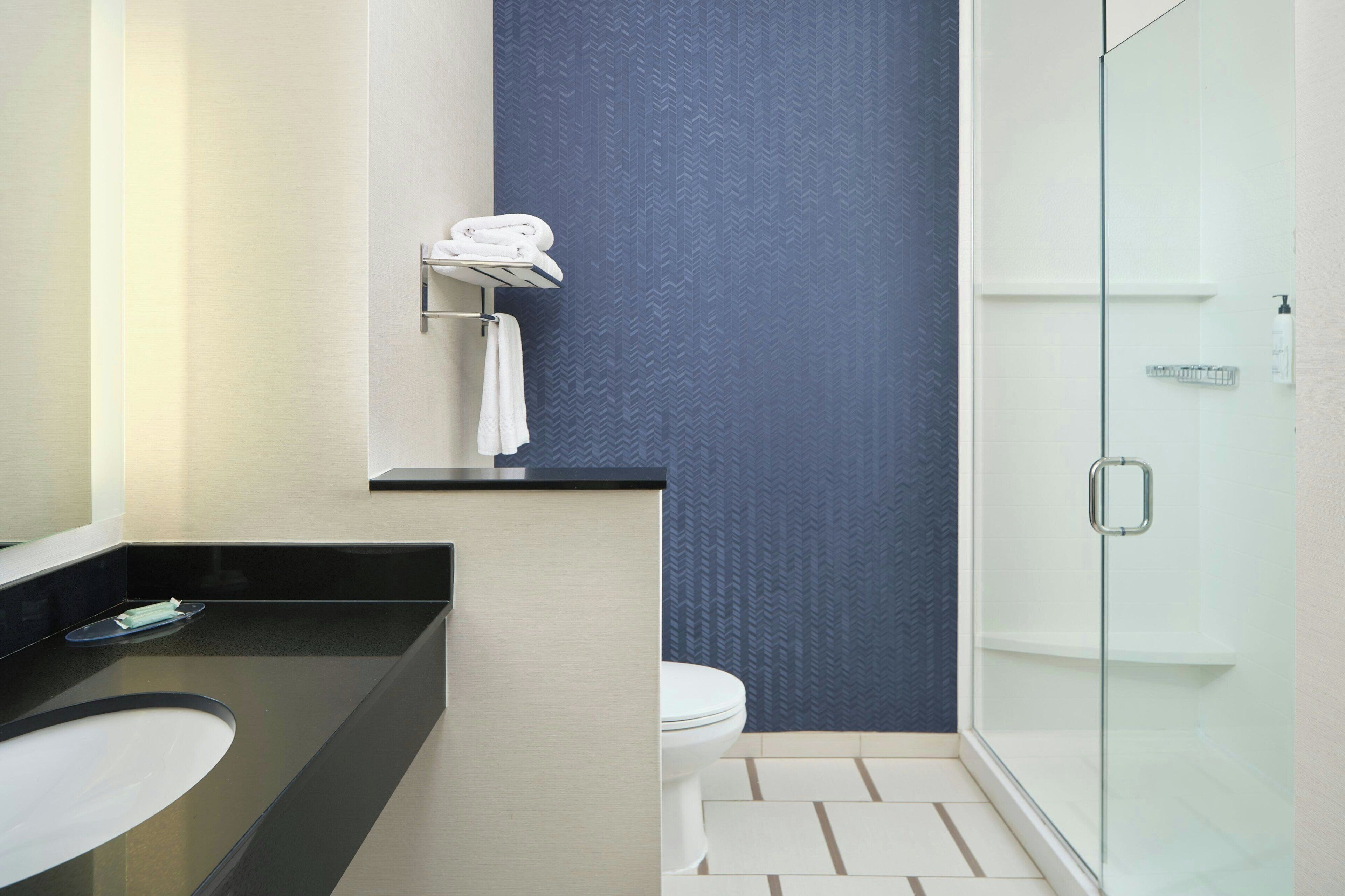 combined shower/bathtub, free toiletries, hair dryer, towels