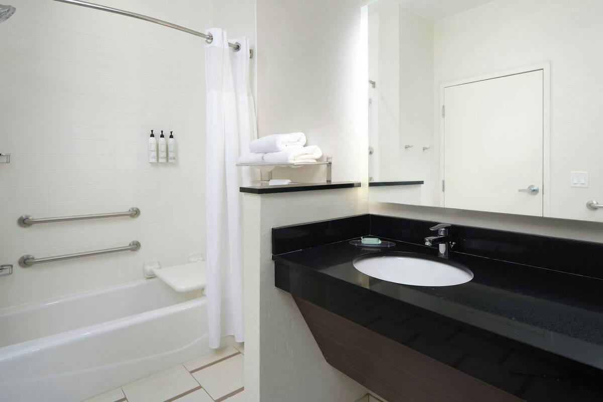 combined shower/bathtub, free toiletries, hair dryer, towels