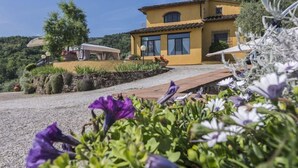 A yellow villa with a tiled roof, surrounded by gravel and flowering plants. - Villa Casalguidi (Serravalle Pistoiese)