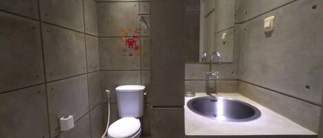 A modern bathroom with a toilet, sink, and mirror.