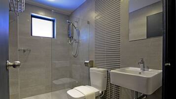 Shower, free toiletries, hair dryer, slippers