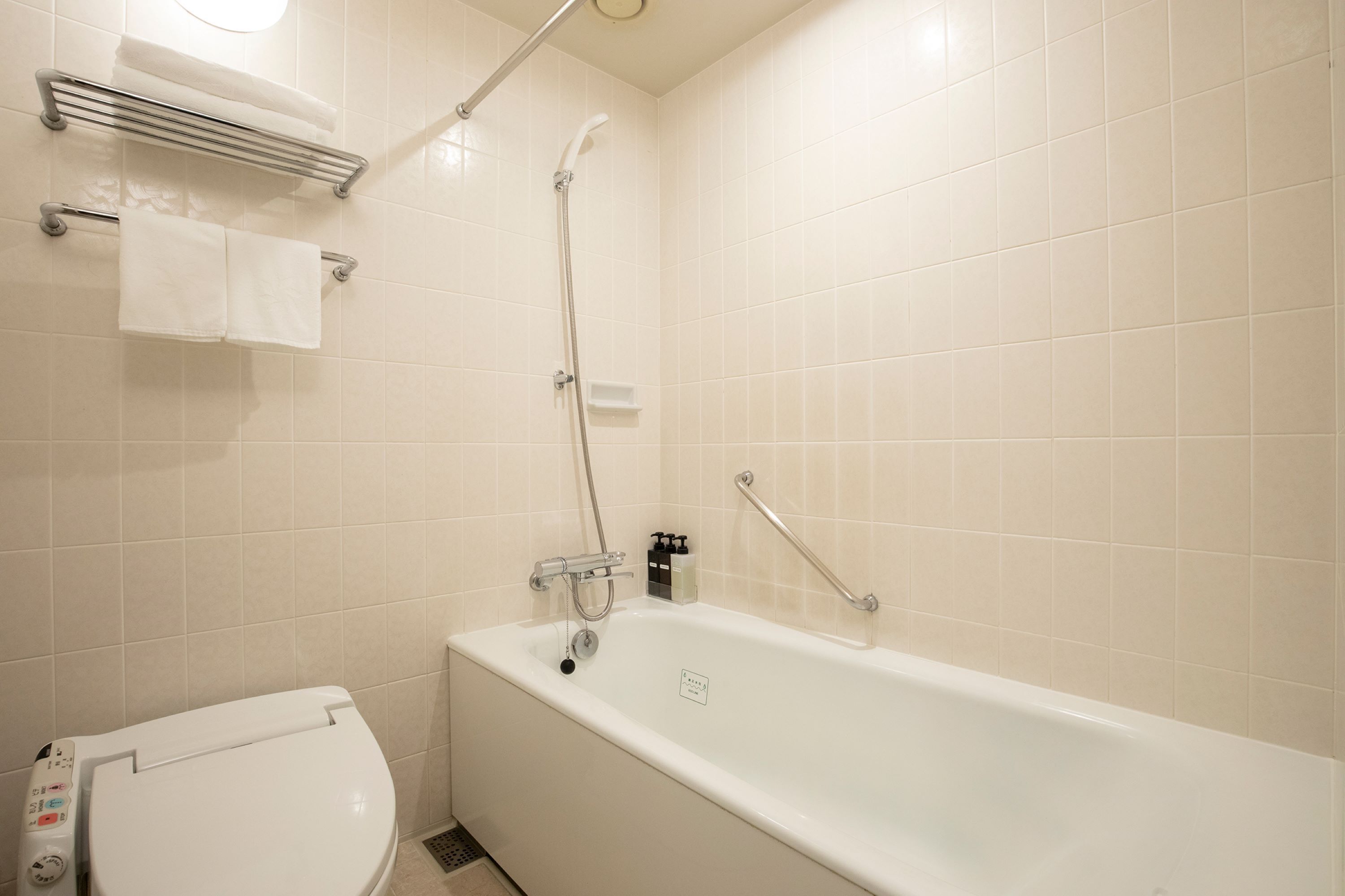 combined shower/bathtub, free toiletries, hair dryer, slippers