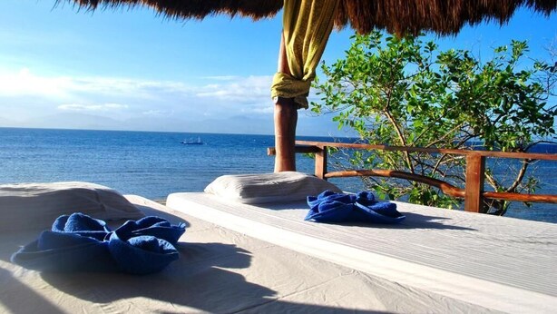 A beachside room with a thatched roof, a wooden railing, and a view of the sea. - The Blue Orchid Resort (Moalboal)