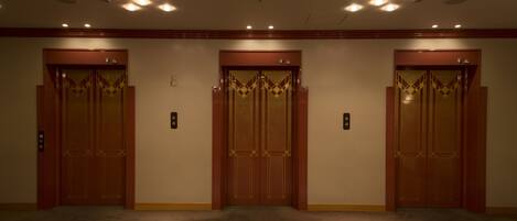 Three wooden double doors with a geometric design, a carpeted floor, and recessed lighting on the ceiling.