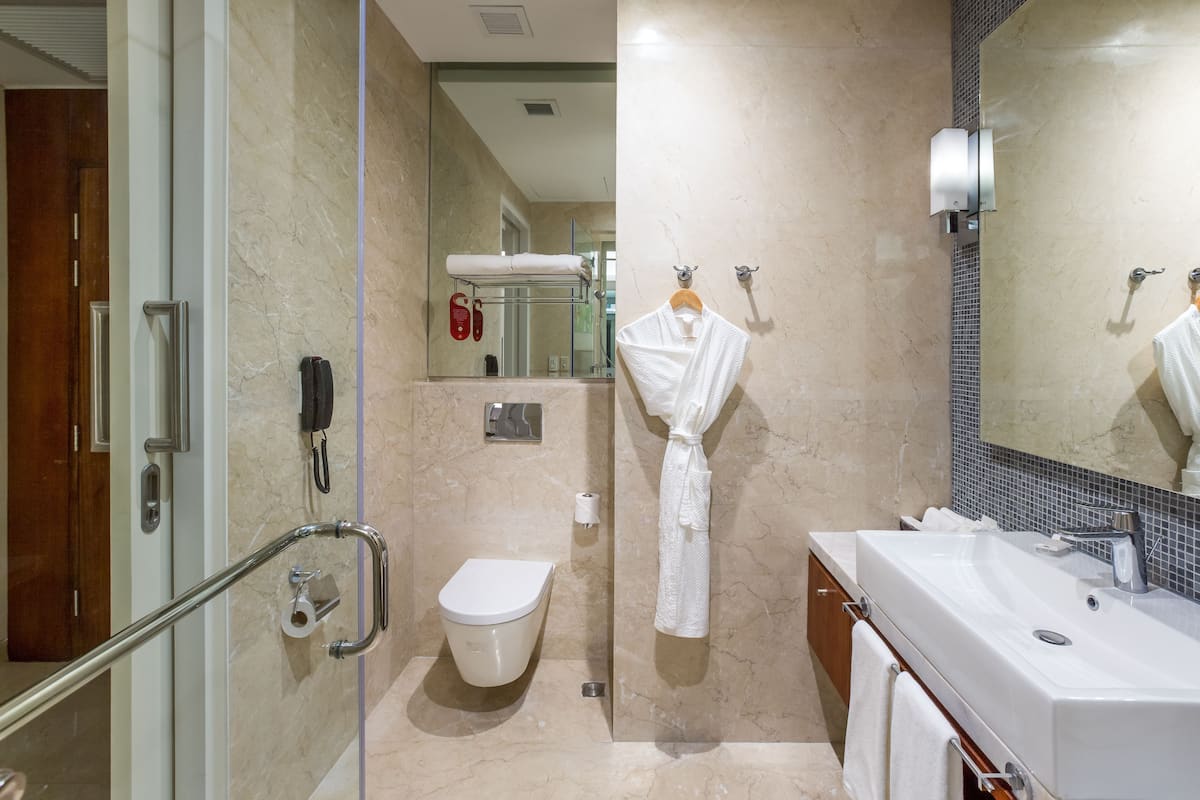 free toiletries, hair dryer, slippers, towels