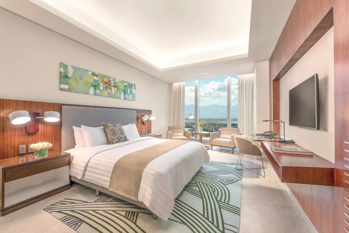 A modern hotel room with a large bed, a desk, a TV, and a view of the mountains.