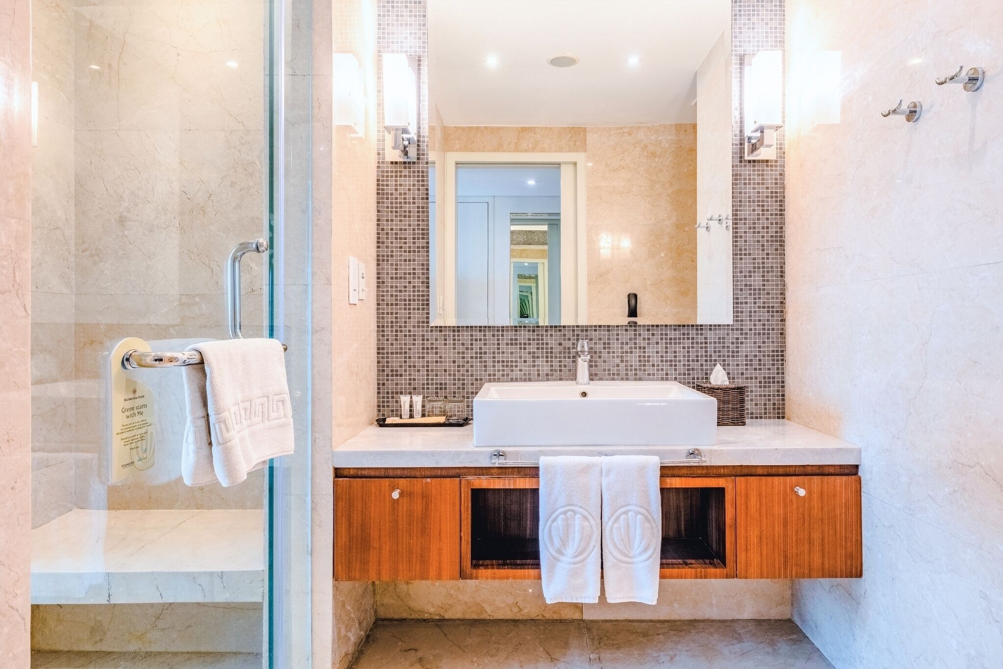 A modern bathroom with a glass shower enclosure, a large sink, and wooden vanity cabinets.