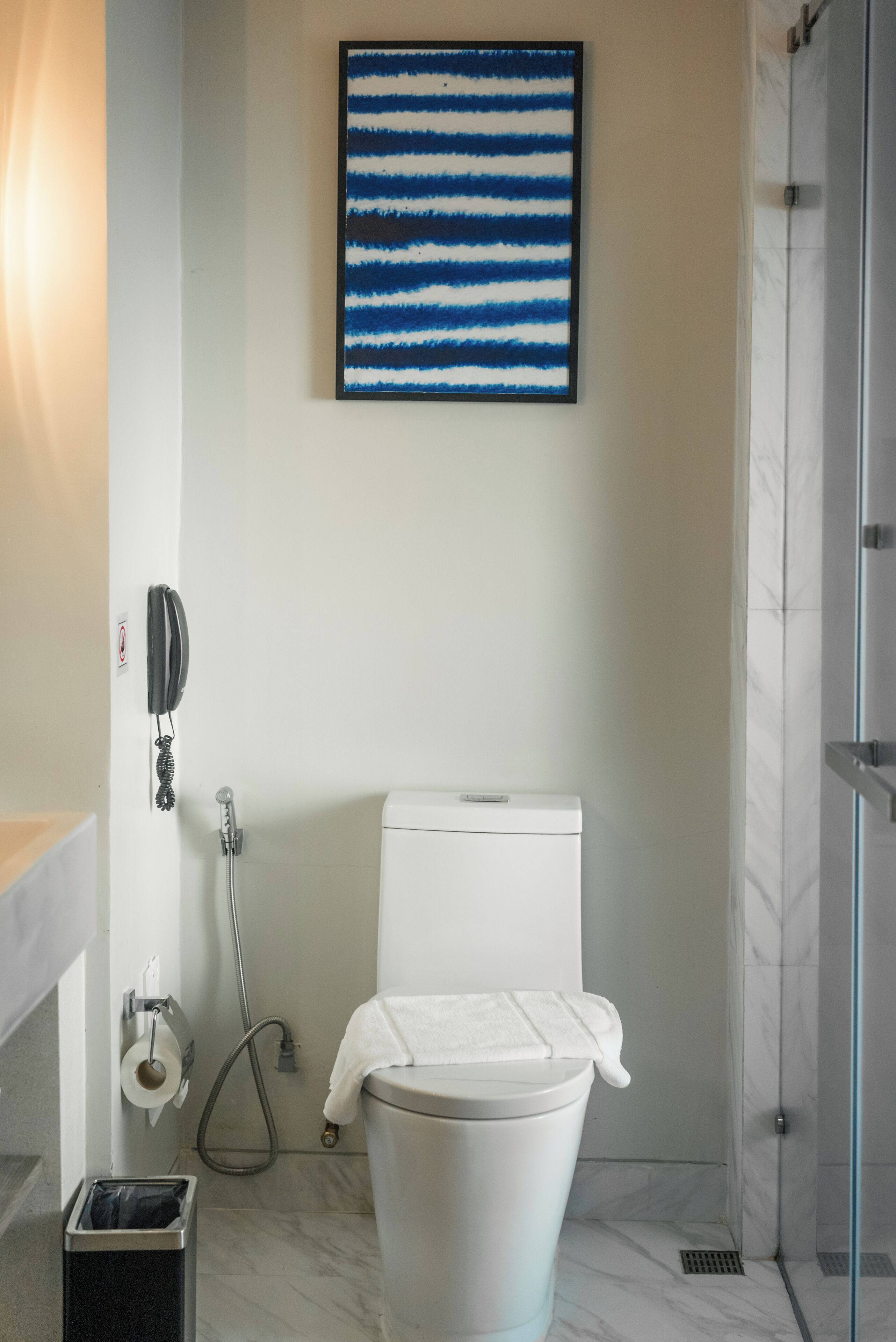A bathroom with a toilet, shower, and a framed artwork on the wall.