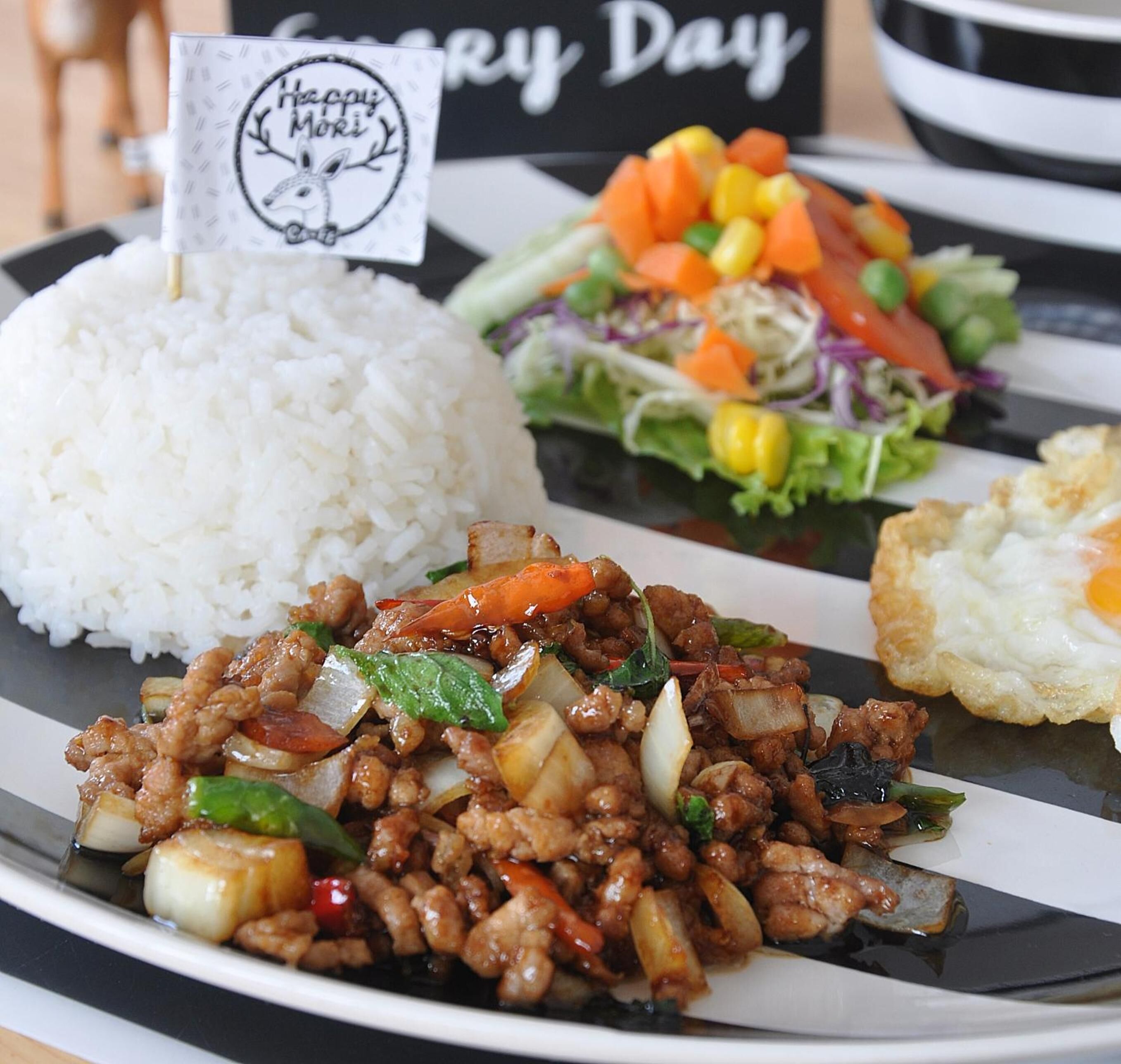 A plate with white rice, a stir-fried meat dish, a fried egg, and a mixed vegetable salad.