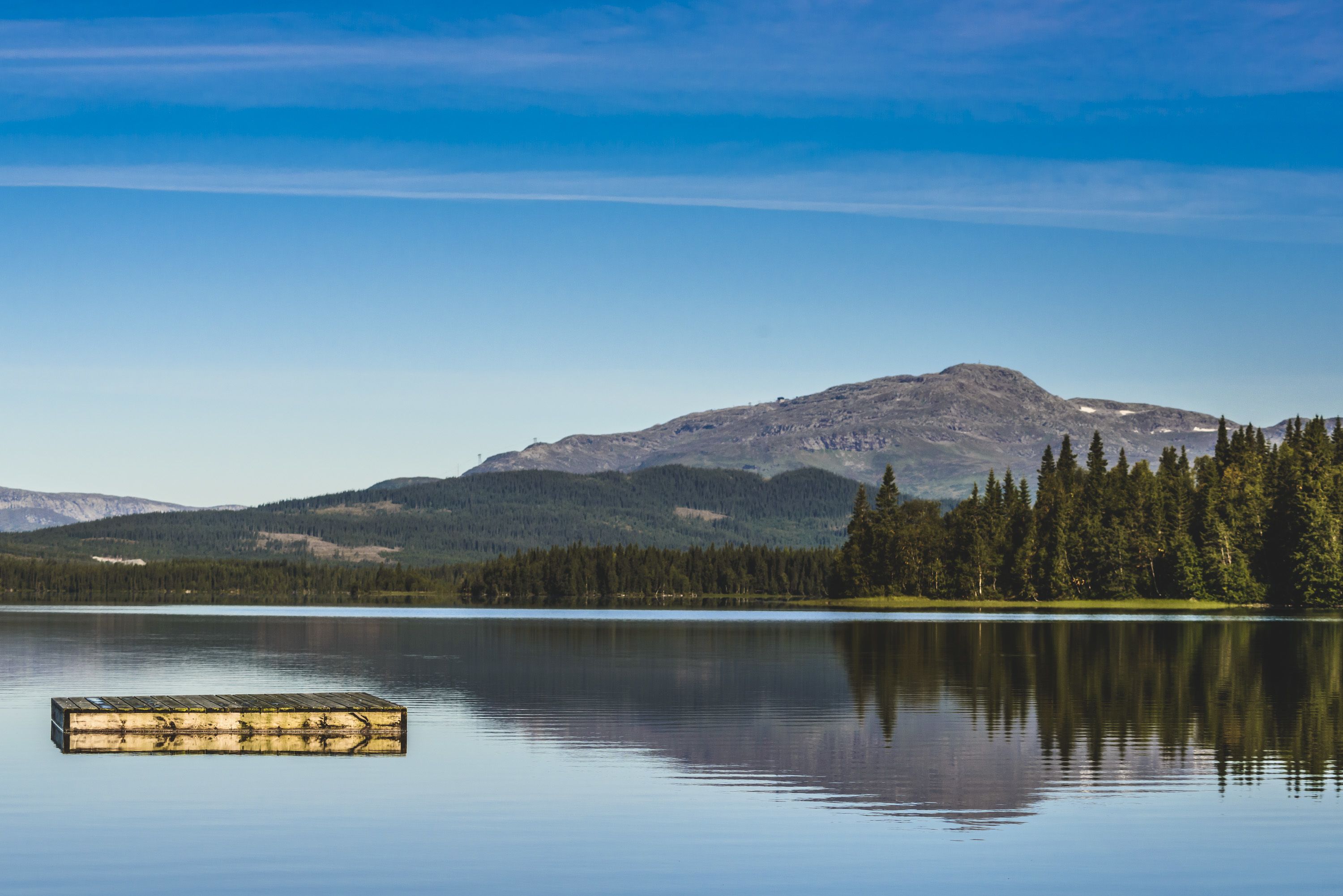 A calm lake with a wooden dock extending into the water, surrounded by dense forest and mountains in the background.