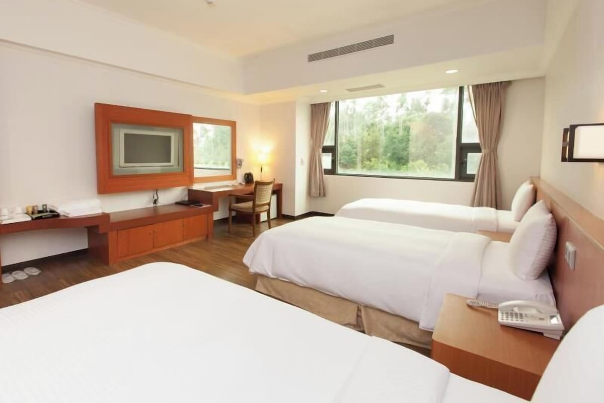 A hotel room with two beds, a desk, a TV, and a window with a view of trees.