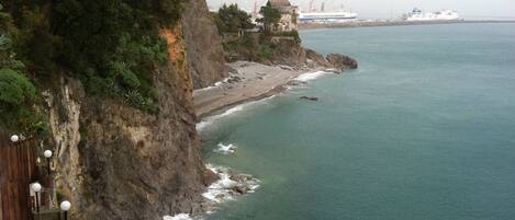 A coastal view with a rocky cliff, a beach, and a ship in the distance.