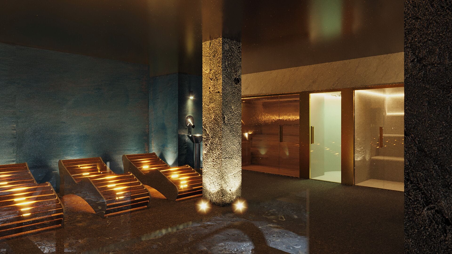A spa area with heated floors, a stone pillar, and a glass door leading to a room.