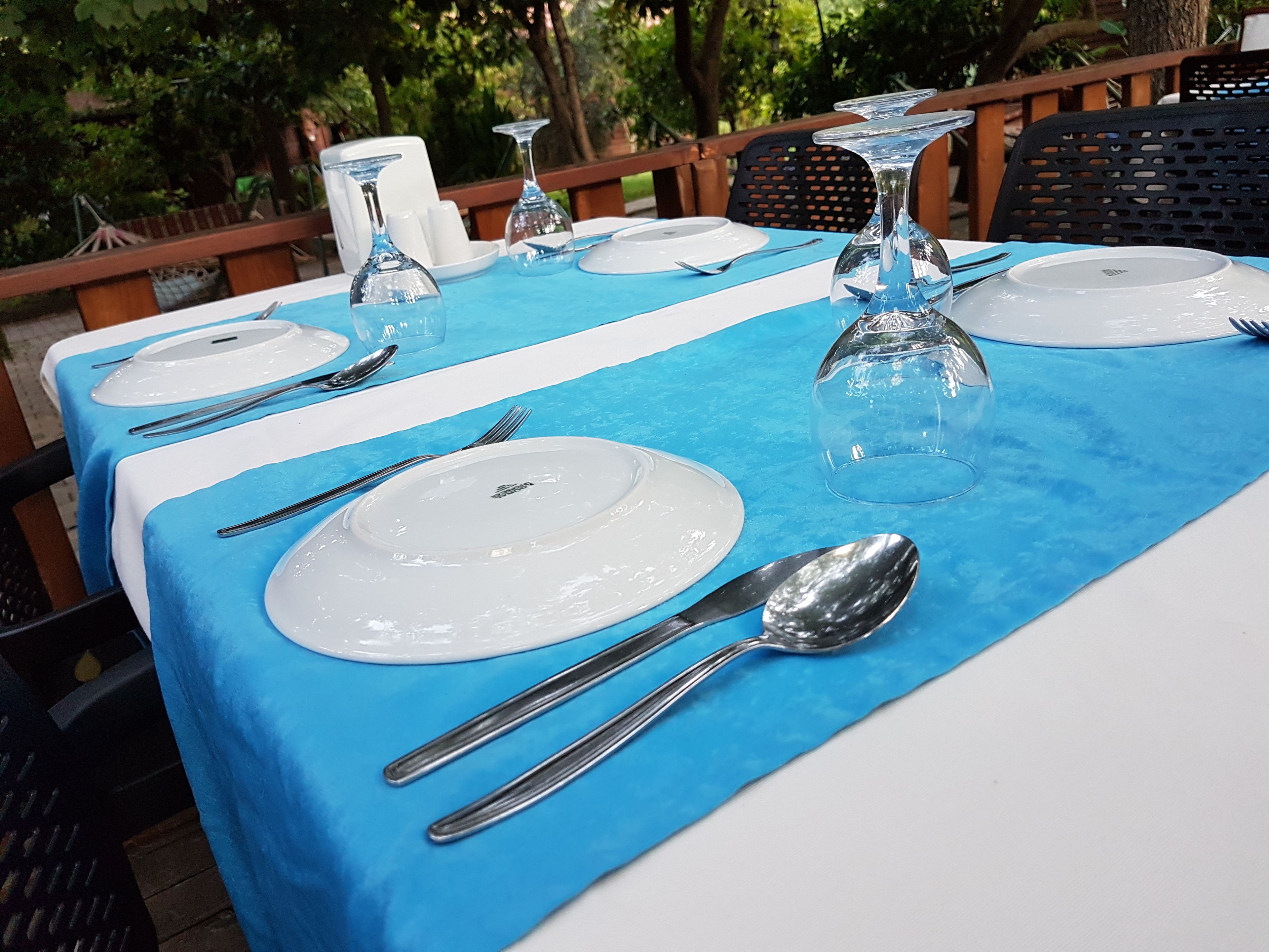 Mesa lista para comer al aire libre, con mantel azul, platos blancos y vasos de vidrio transparente.