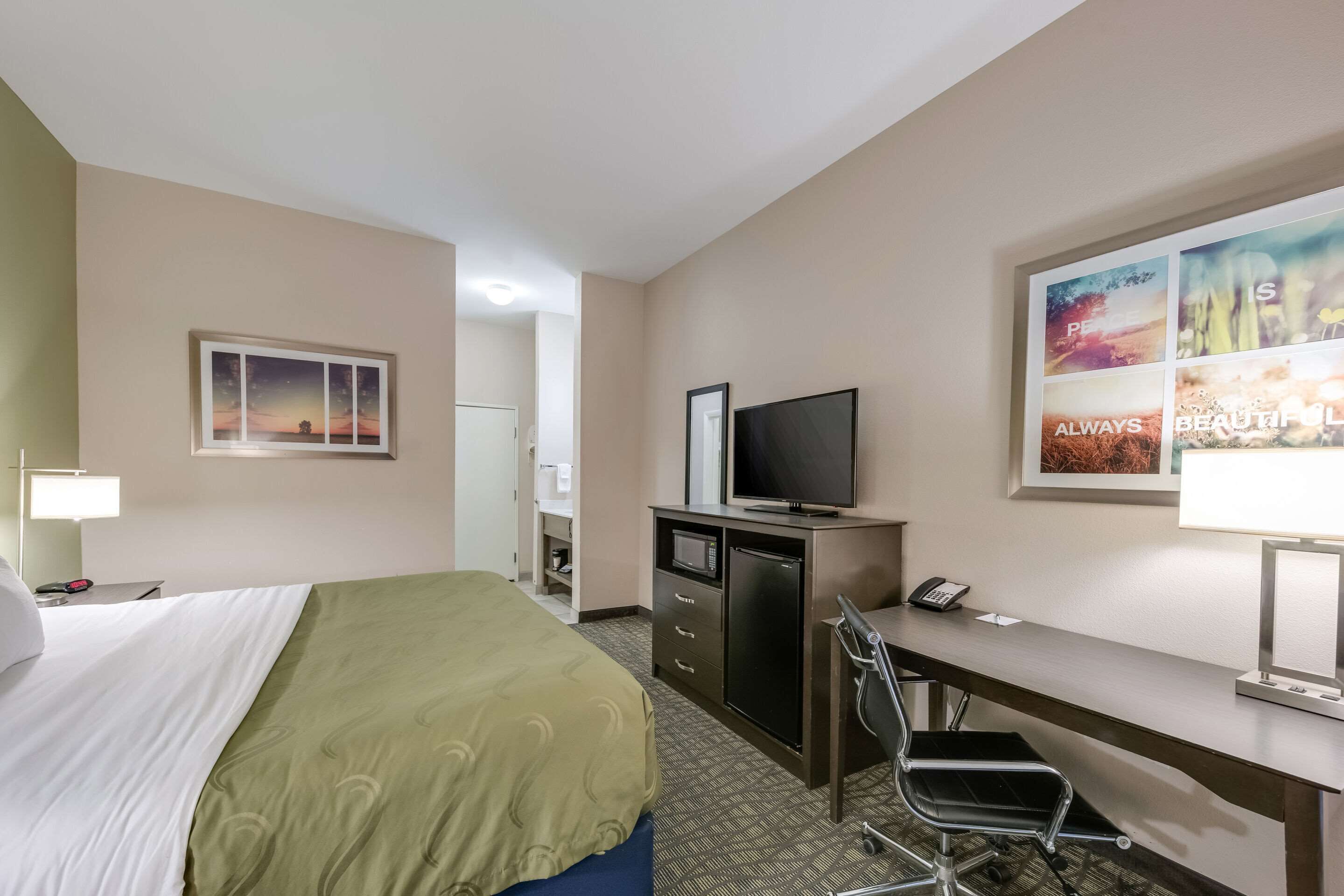 Una habitación de hotel con cama, escritorio, televisor y una pared decorada con obras de arte.