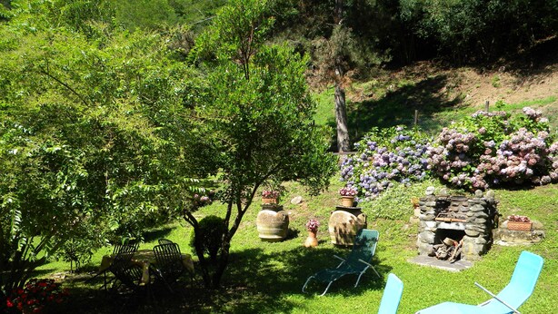 A garden with a stone fireplace, two blue lounge chairs, and a variety of plants and trees. - Podere Campofossato (Pistoia)
