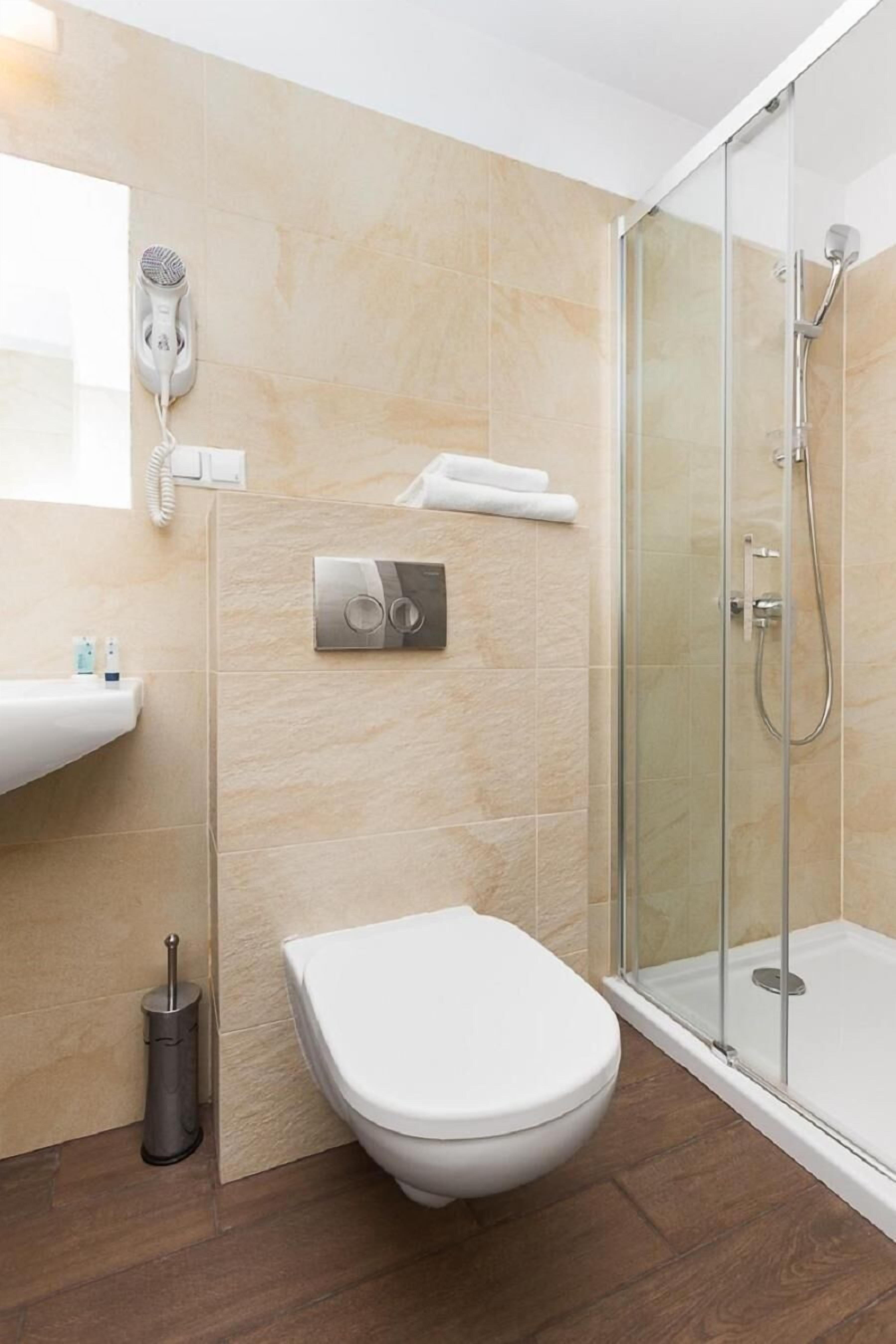 shower, free toiletries, hair dryer, towels