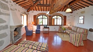 A rustic living room with stone walls, wooden beams, a fireplace, and a sofa set. - Civetta (Capolona)