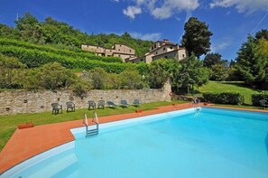 Piscine extérieure, chaises longues