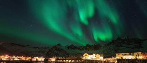 A coastal town with a dock and buildings under a night sky with green aurora borealis.