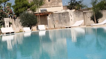 Una piscina al aire libre, sombrillas, sillones reclinables de piscina