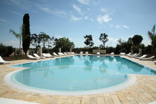 Outdoor pool, pool umbrellas, pool loungers