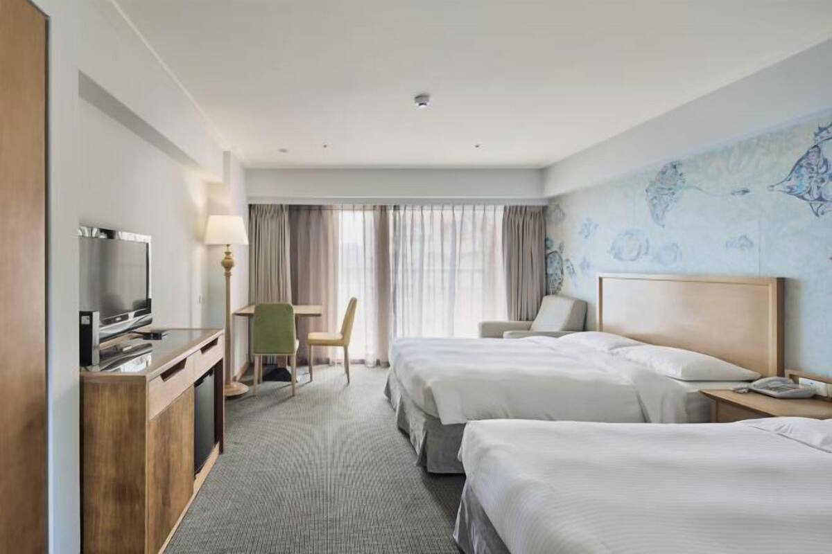 Desk, blackout curtains, soundproofing, iron/ironing board