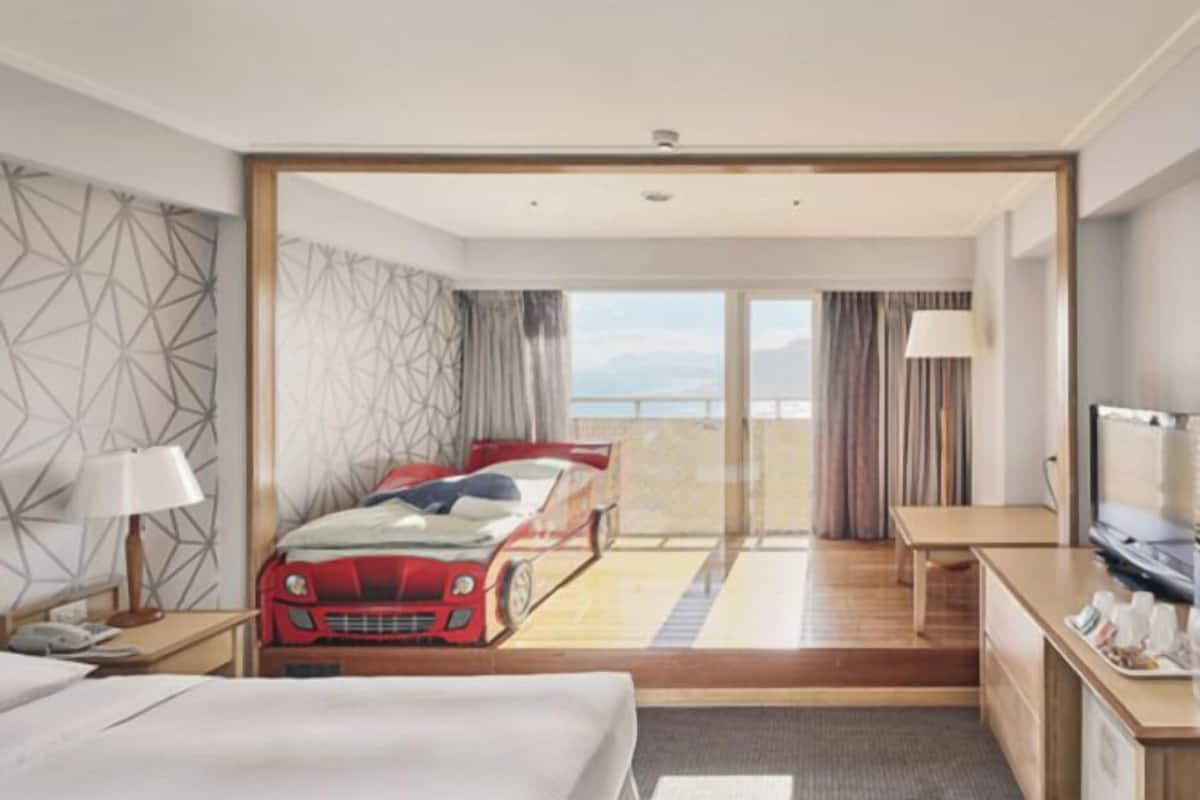 Desk, blackout curtains, soundproofing, iron/ironing board