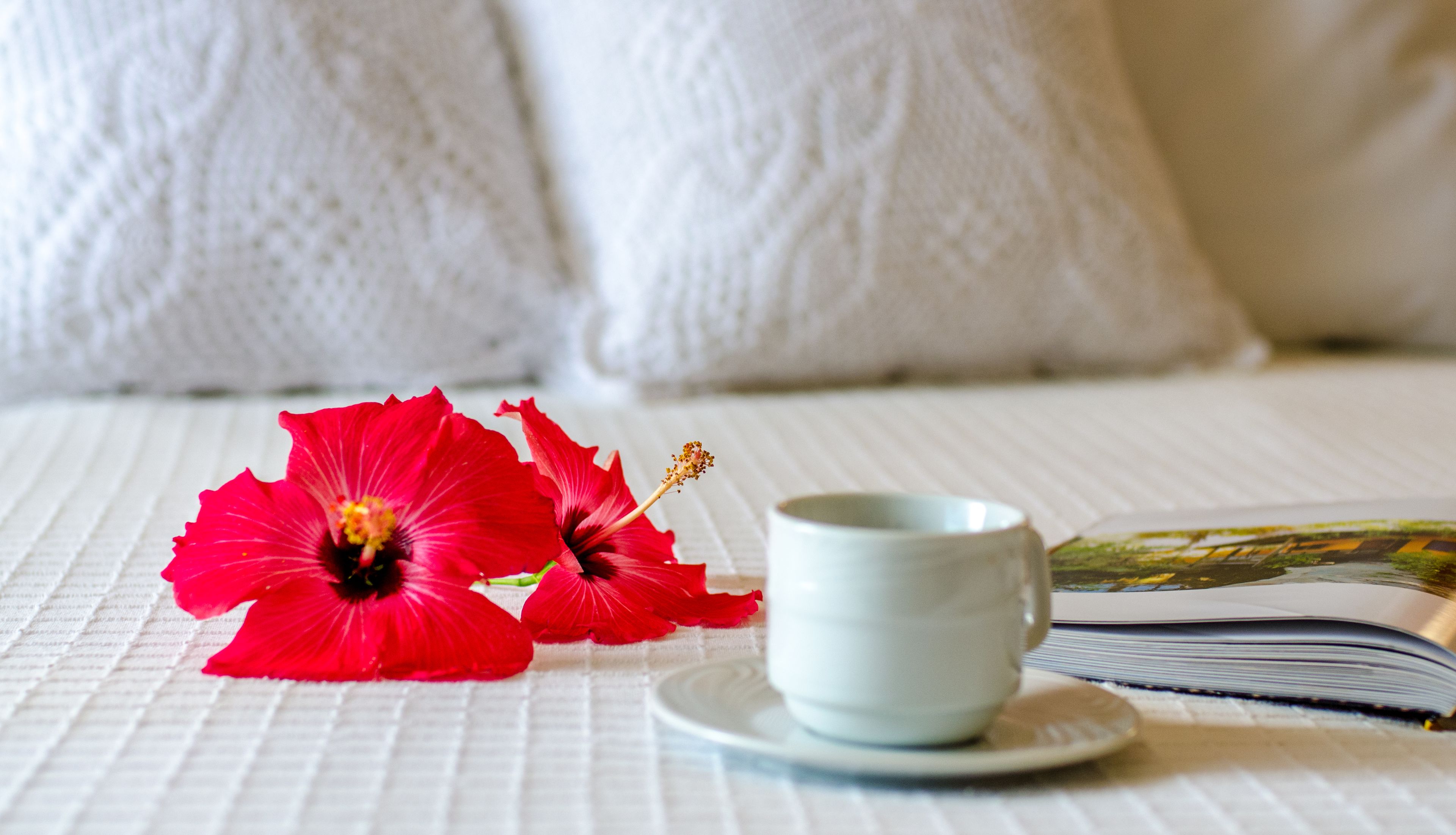 Una cama con ropa blanca, una taza de té y un libro sobre una mesa.