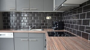 A modern kitchen with grey cabinets, a stainless steel sink, and a black tiled backsplash. - Amazing Apartment Antwerp South (Antwerp)