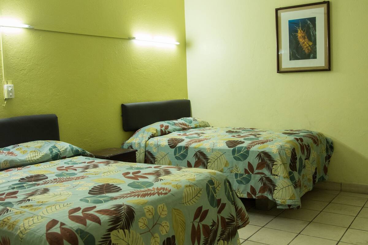 Una habitación con dos camas, un ventilador de techo, una lámpara fijada a la pared y un cuadro enmarcado.