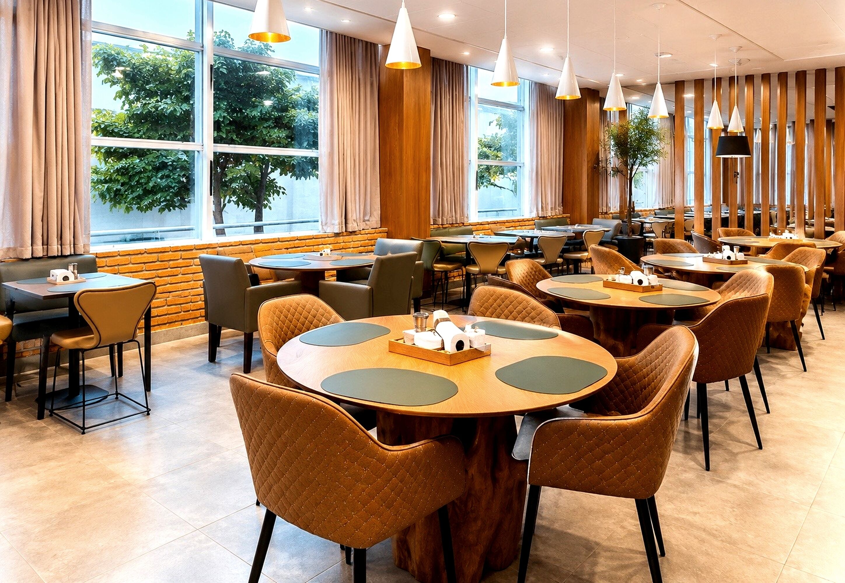 A restaurant with round tables, cushioned chairs, and pendant lighting.