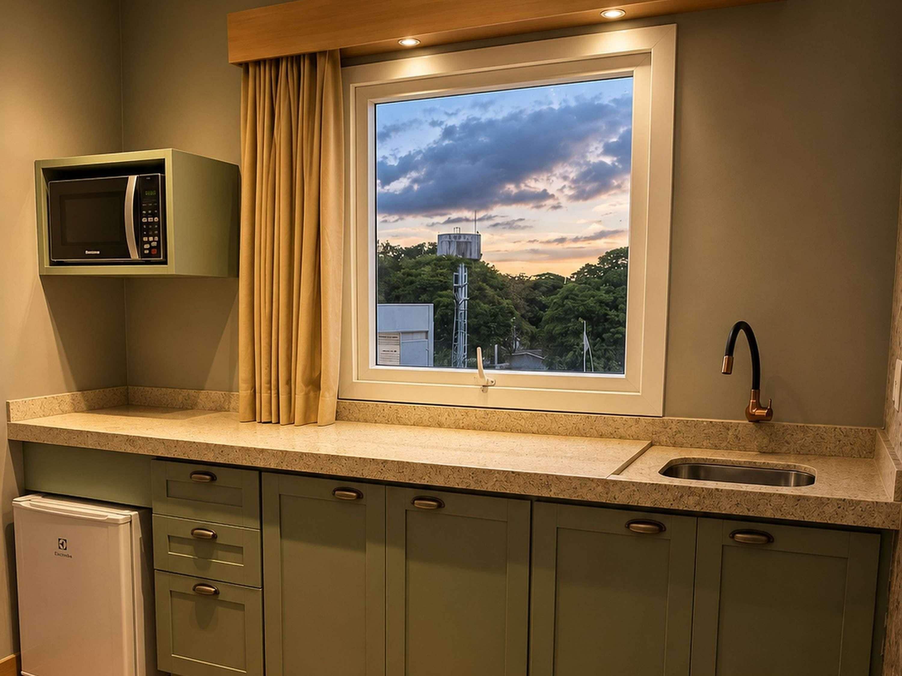 Una cocina con microondas integrado, una ventana con vista a un depósito de agua y un lavamanos con grifo moderno.