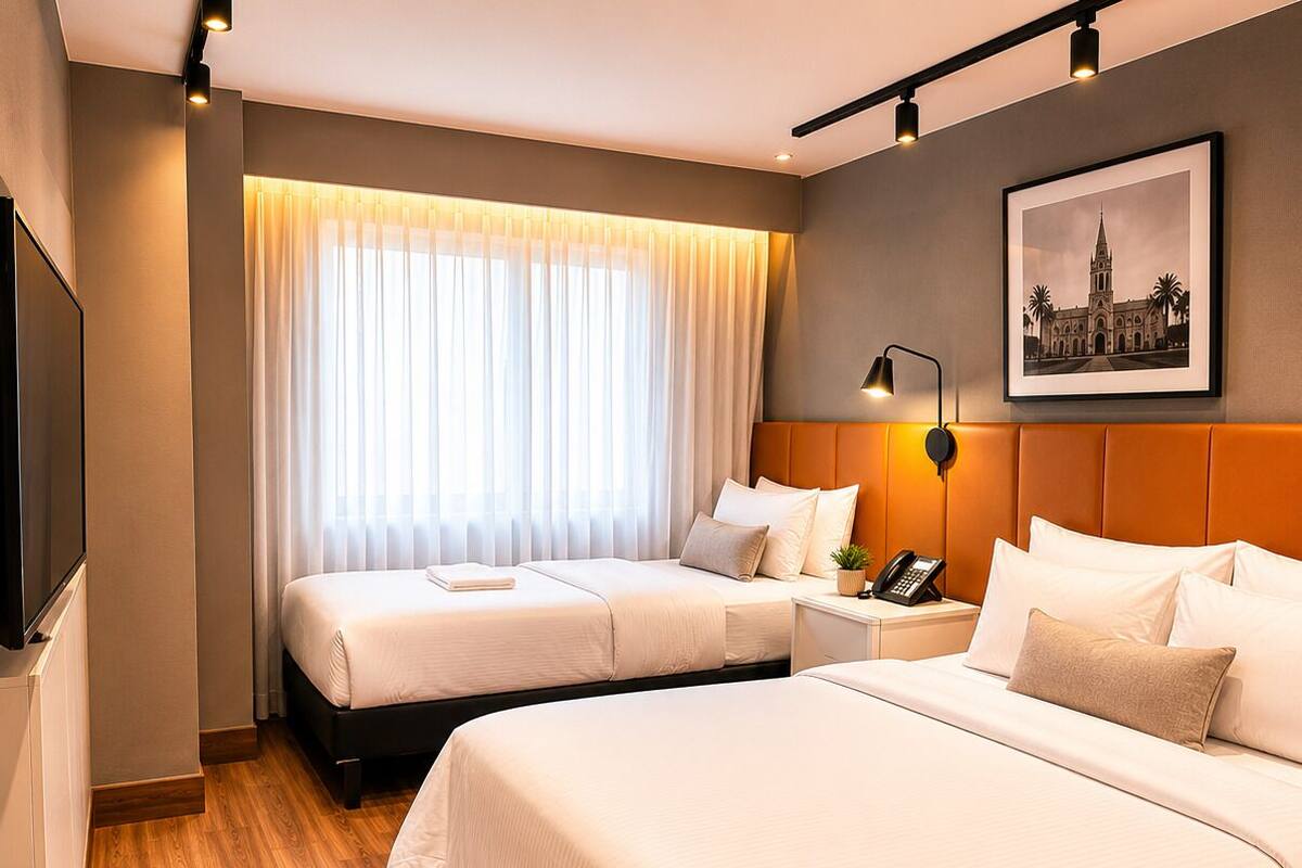 A hotel room with two beds, a flat-screen TV, a bedside table with a lamp, and a framed picture on the wall.