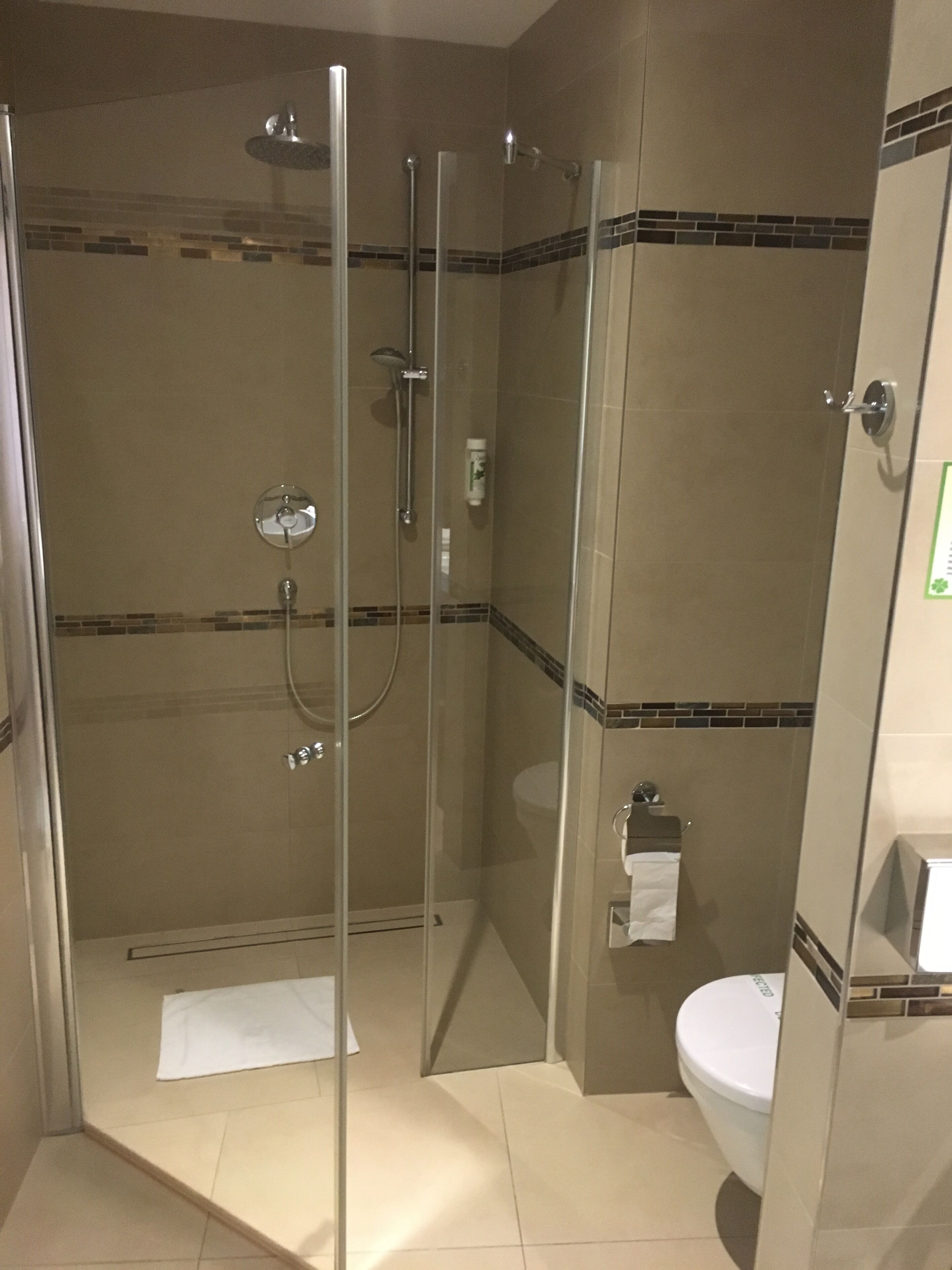 A glass-enclosed shower stall with a handheld showerhead and a wall-mounted faucet.