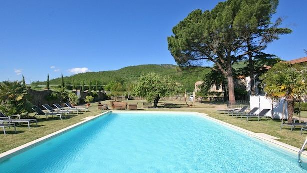 A rectangular swimming pool with clear blue water, surrounded by lounge chairs and a large tree. - Villa Capolona (Capolona)