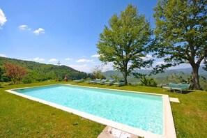 Seasonal outdoor pool, pool umbrellas, pool loungers